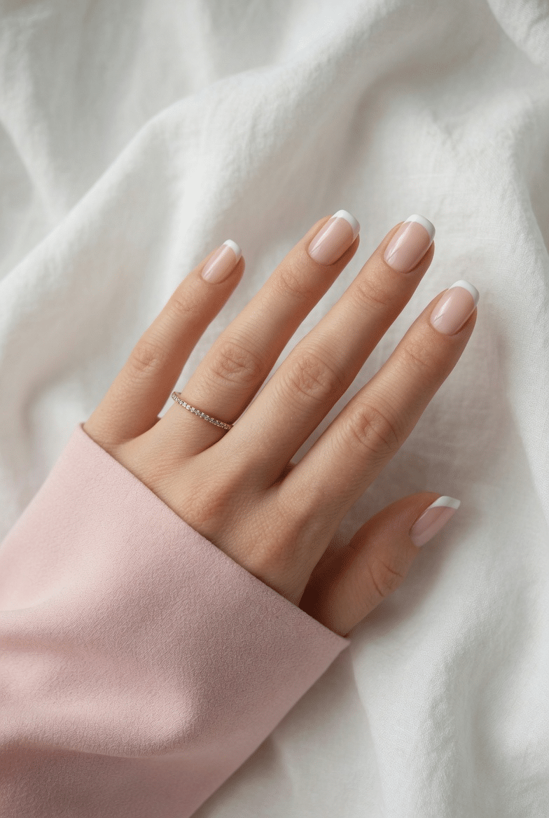 Short nails with crisp white French tips and a sheer nude base