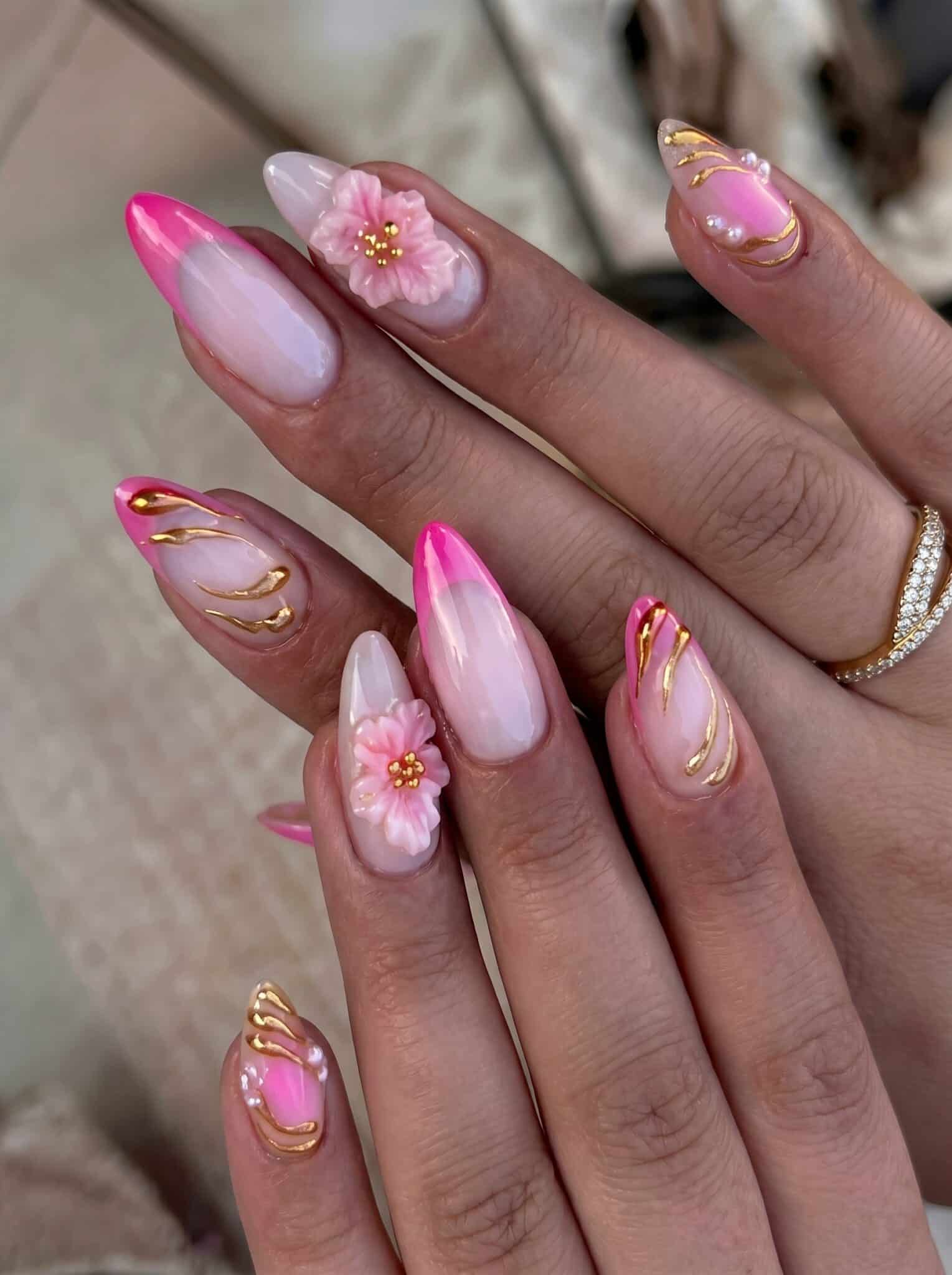 Simple summer French tip nails with yellow and blue tips on glossy almond nails
