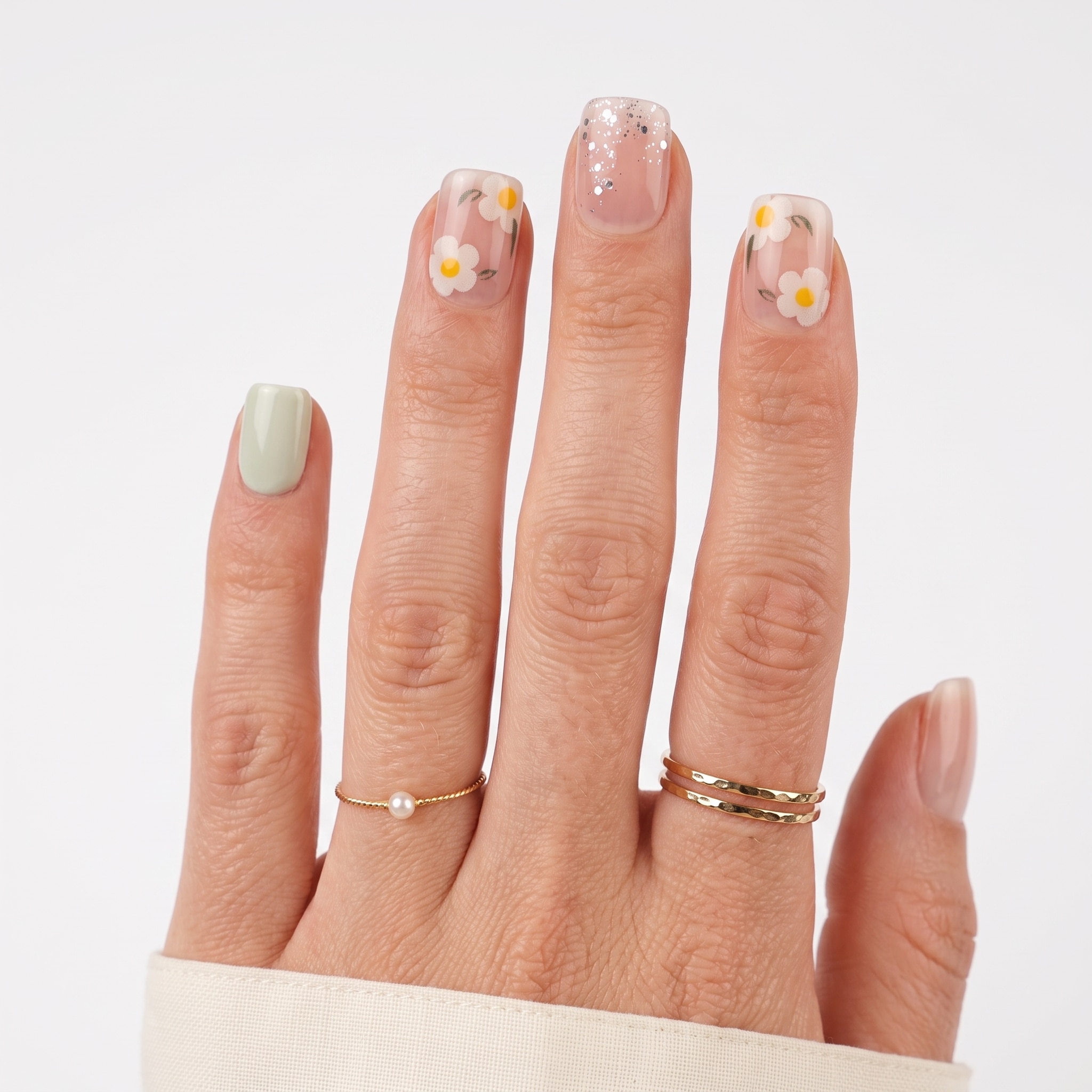 Smoky blue short nails with holographic glitter accent details