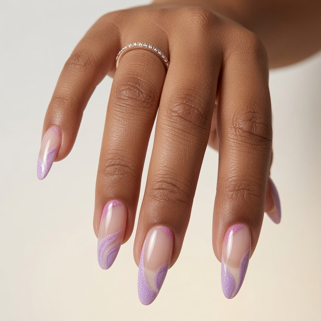 Soft purple almond French tip nails on a natural nude base