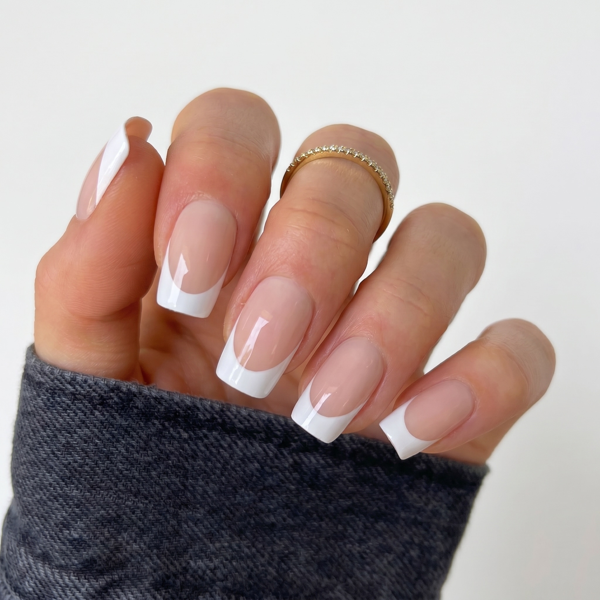 square french tip press on nails glossy nude white