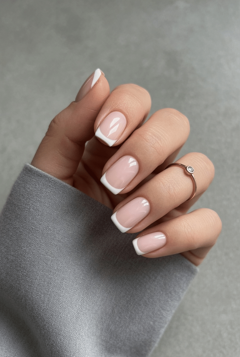 Square nails with clean white French tips and a glossy nude base