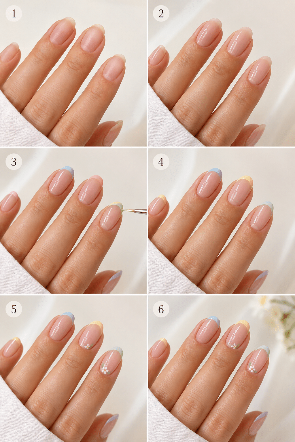 Step by step summer French nail designs tutorial with pastel tips and floral accents