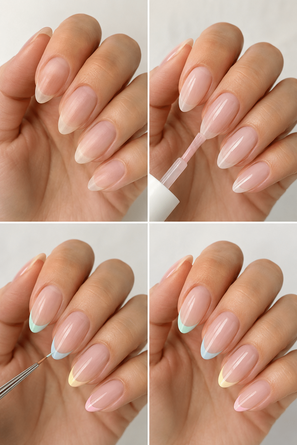 Step by step summer French tip almond nails tutorial with almond shaping and thin colored tips