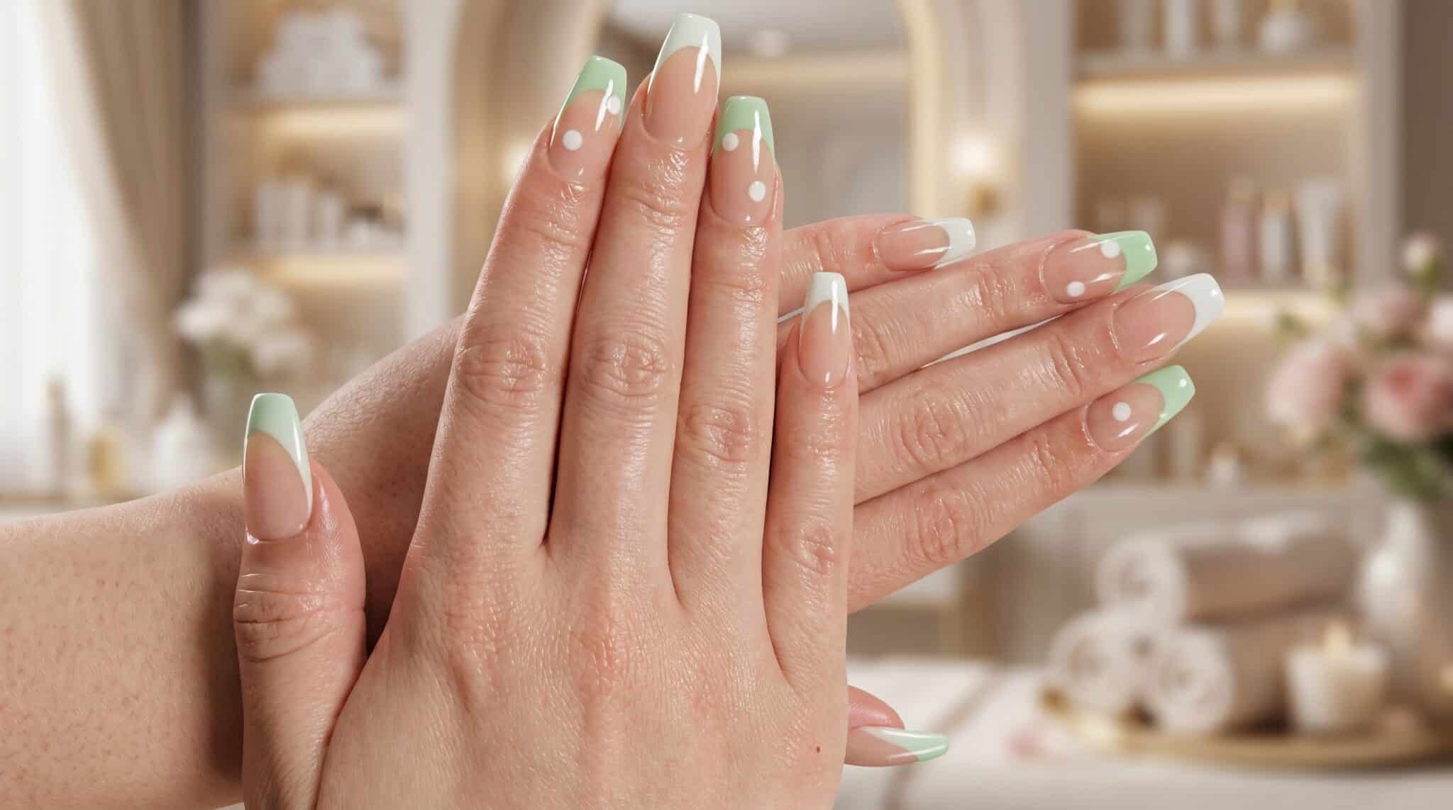 Blue French tip nails on a sheer pink base shown in a realistic salon-style close-up