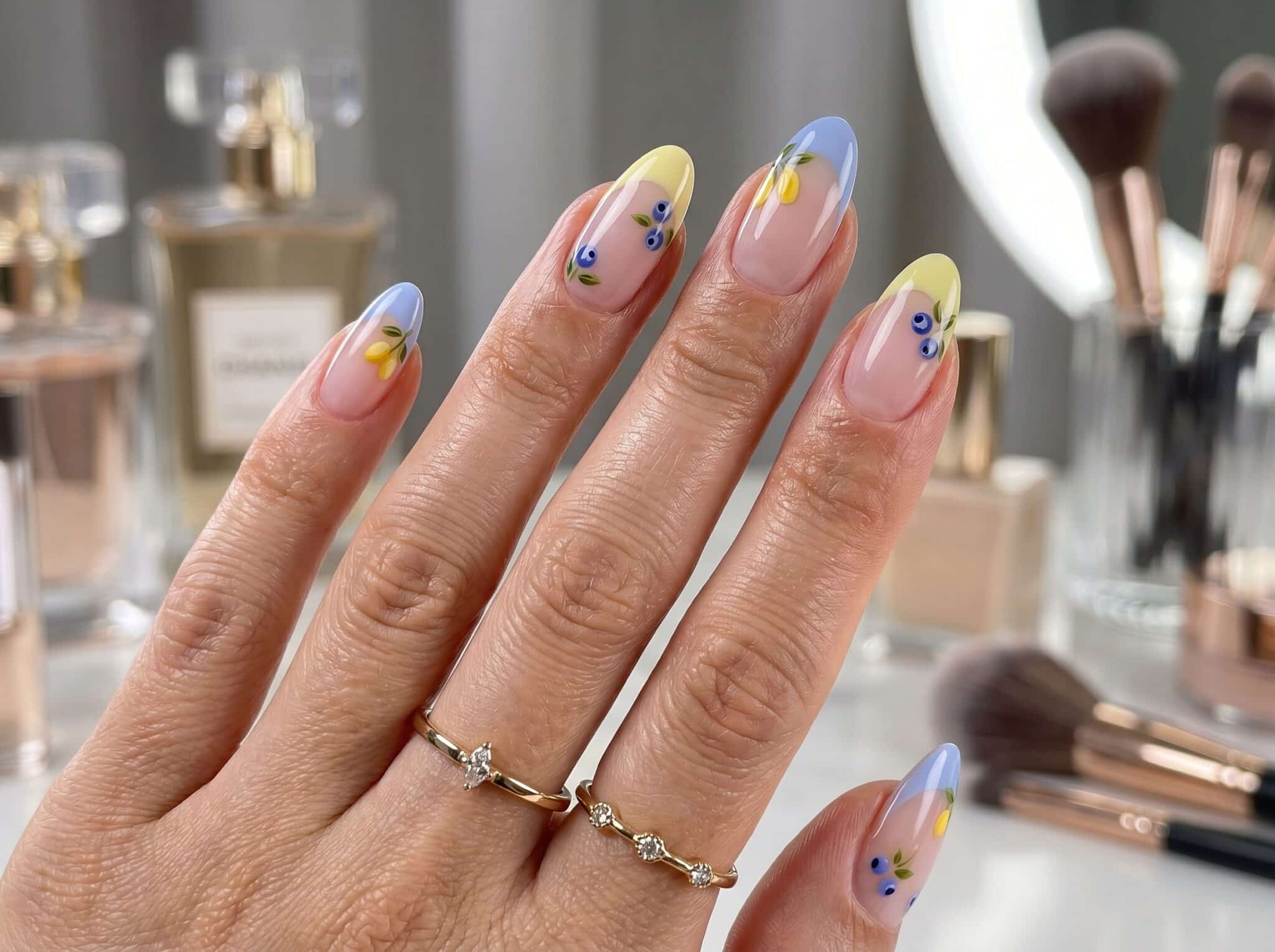 Pastel blue and green French tip nails on almond-shaped nails with a glossy nude base