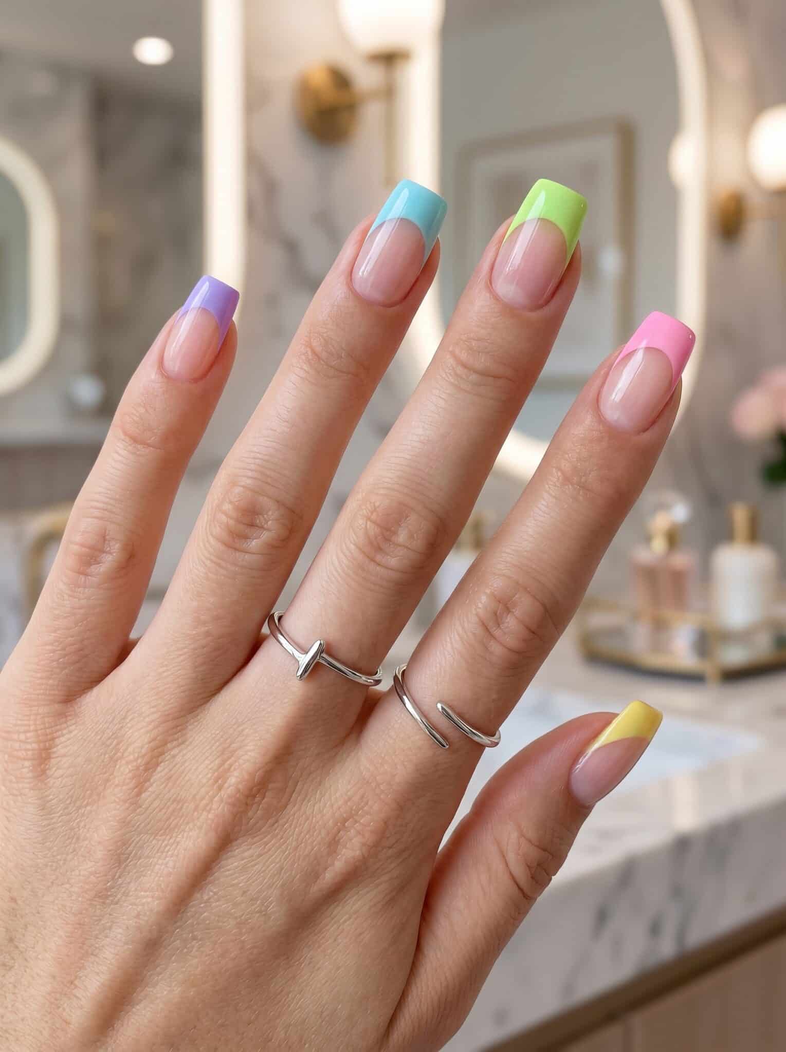 Hands with soft pastel French tips shown as a polished manicure process reference