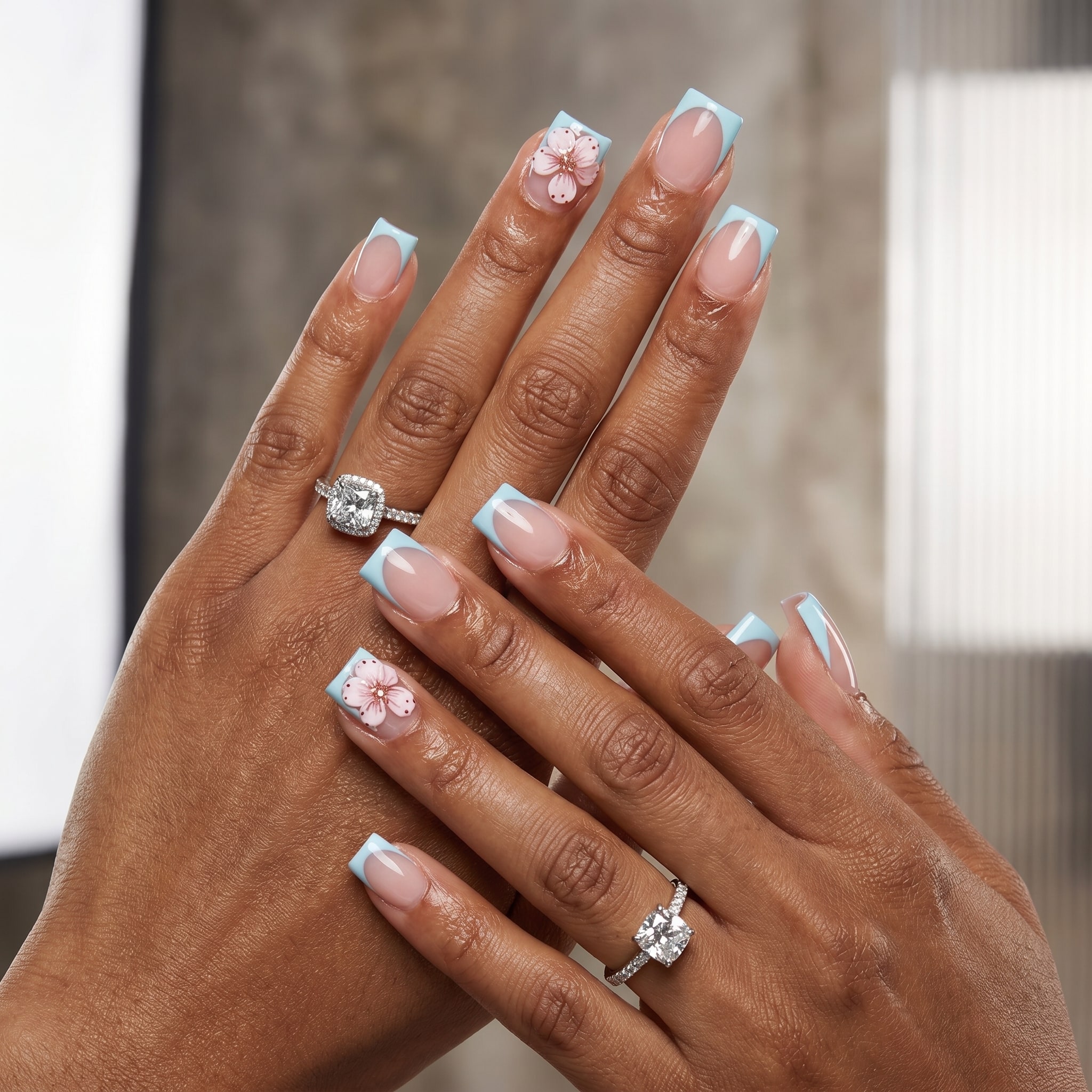 Square acrylic French tip nails with summer color details and a nude glossy base