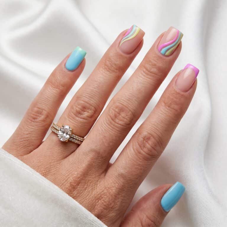 Summer French tip nails square with pastel color tips and a glossy nude base