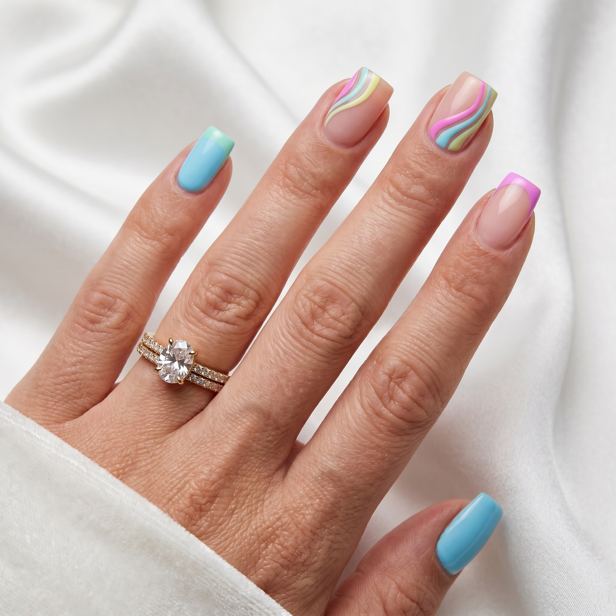 Summer French tip nails square with pastel color tips and a glossy nude base