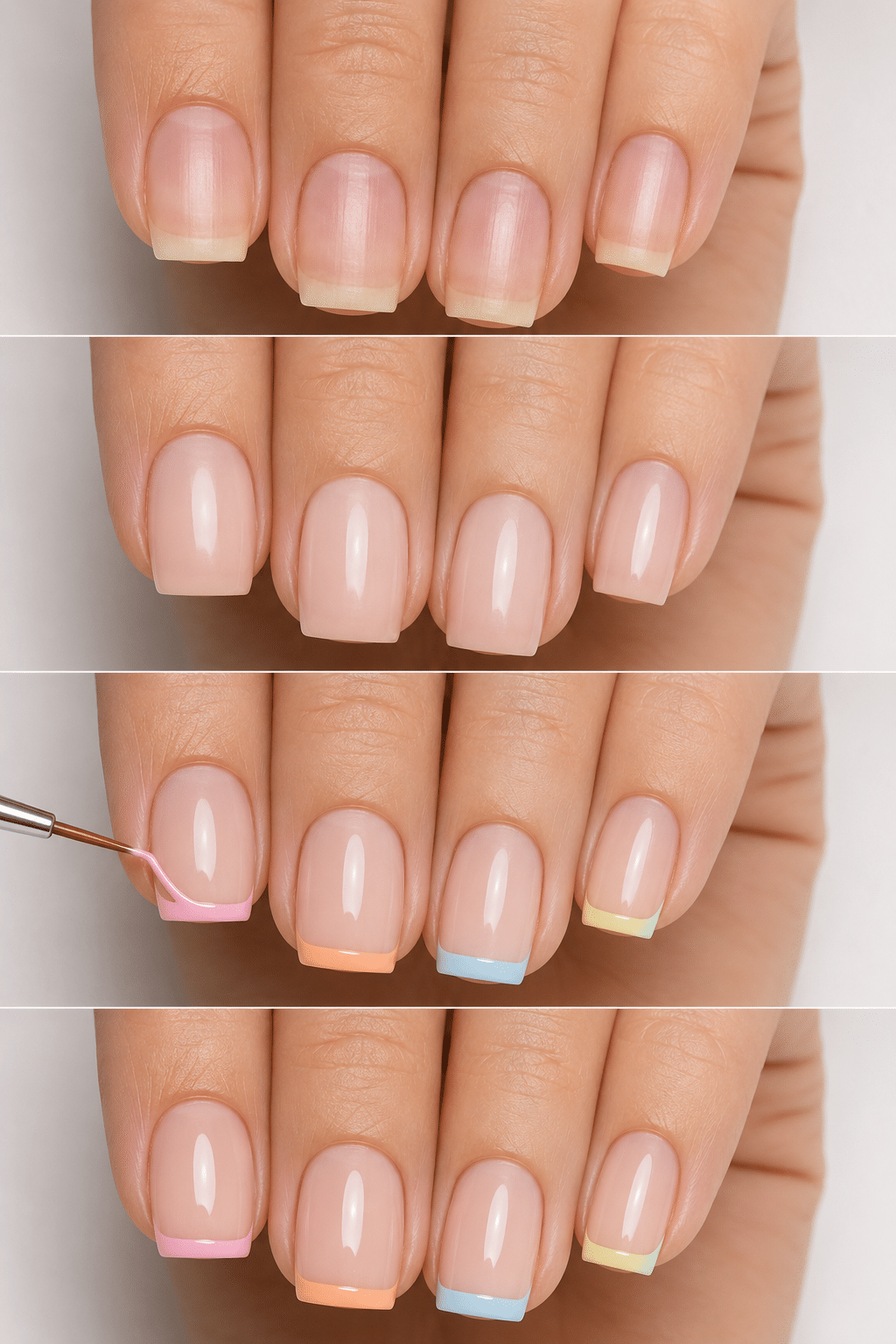 Medium square summer French tip nails with soft pink tips and a glossy nude base