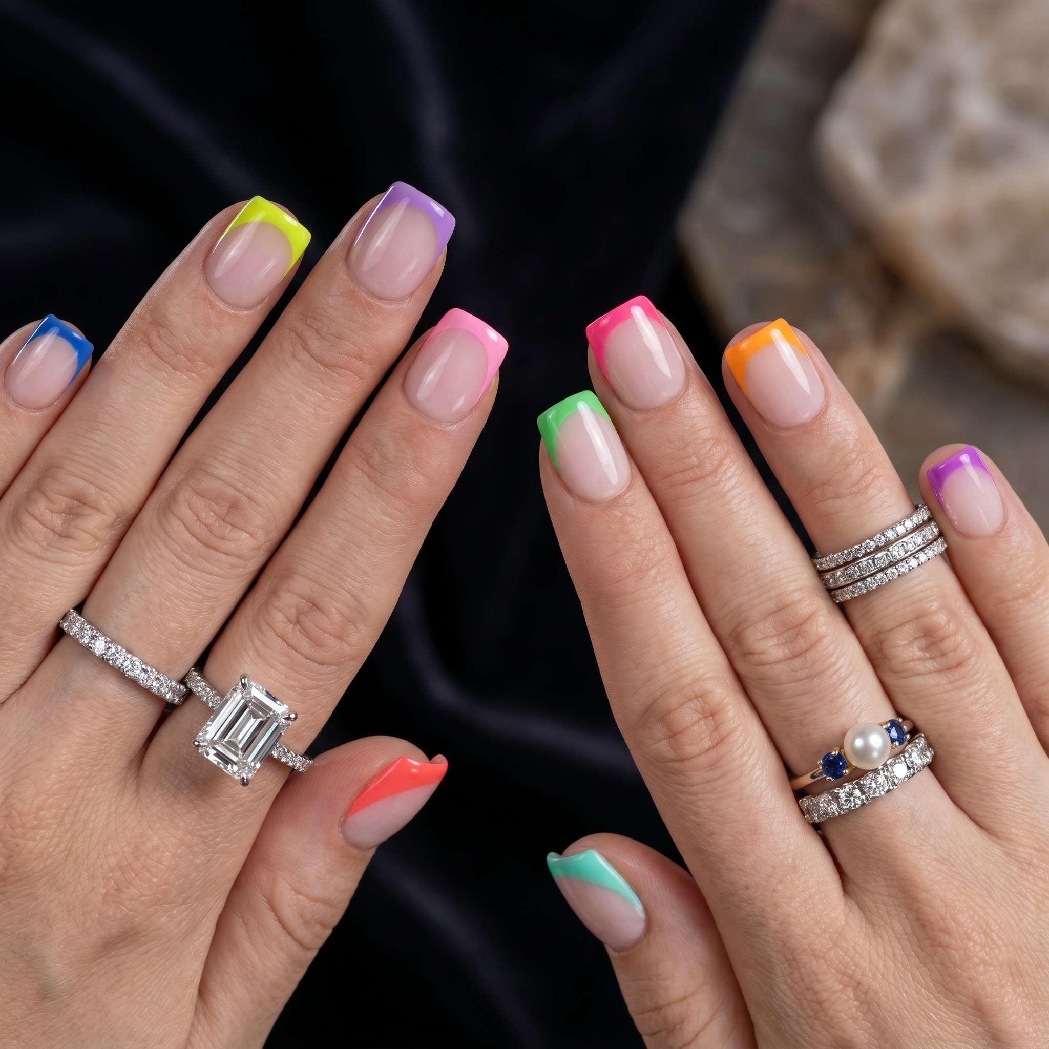 Short square French tip nails with colorful summer tips and a glossy nude base