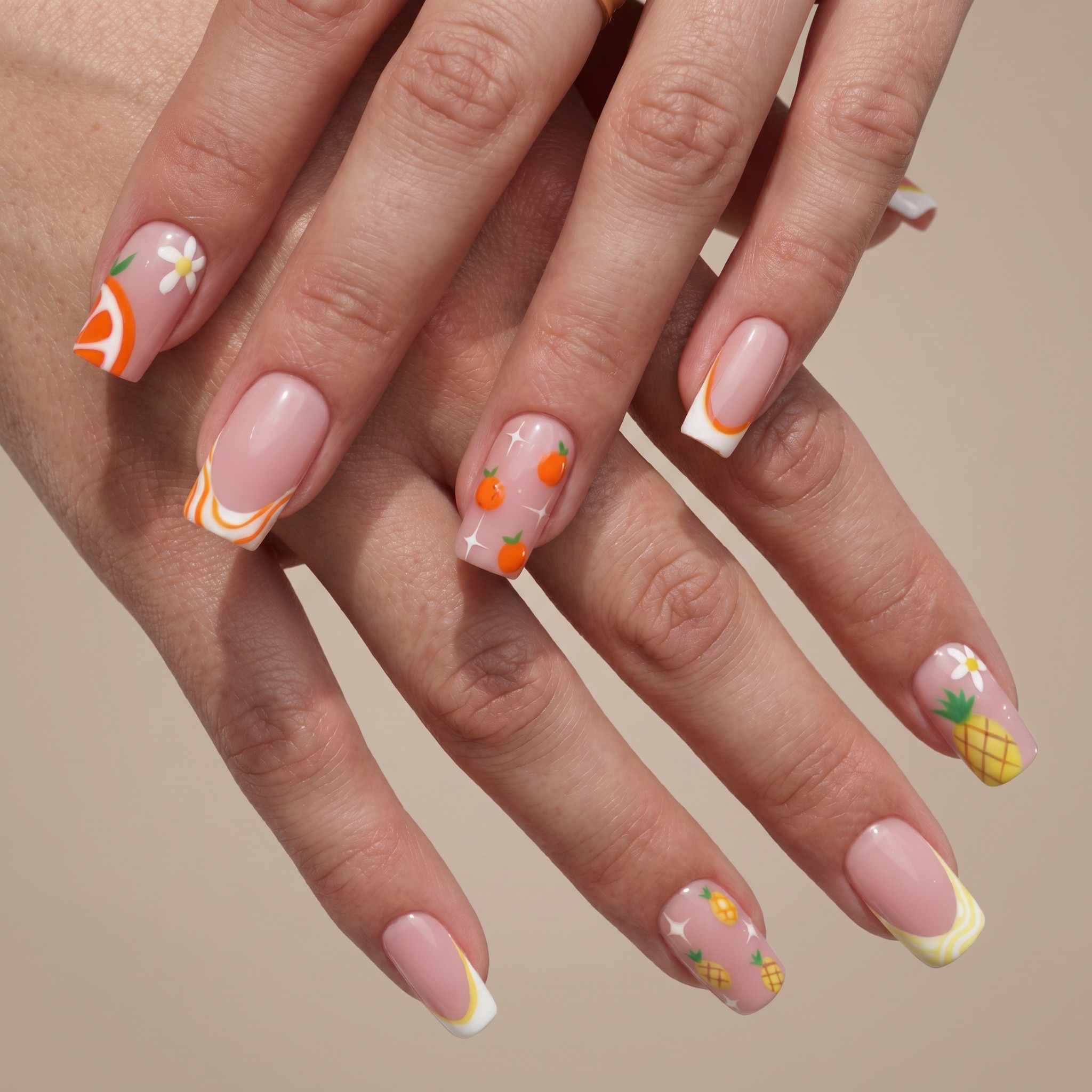 Step by step summer French tip nails square tutorial with square shaping and thin colored tips