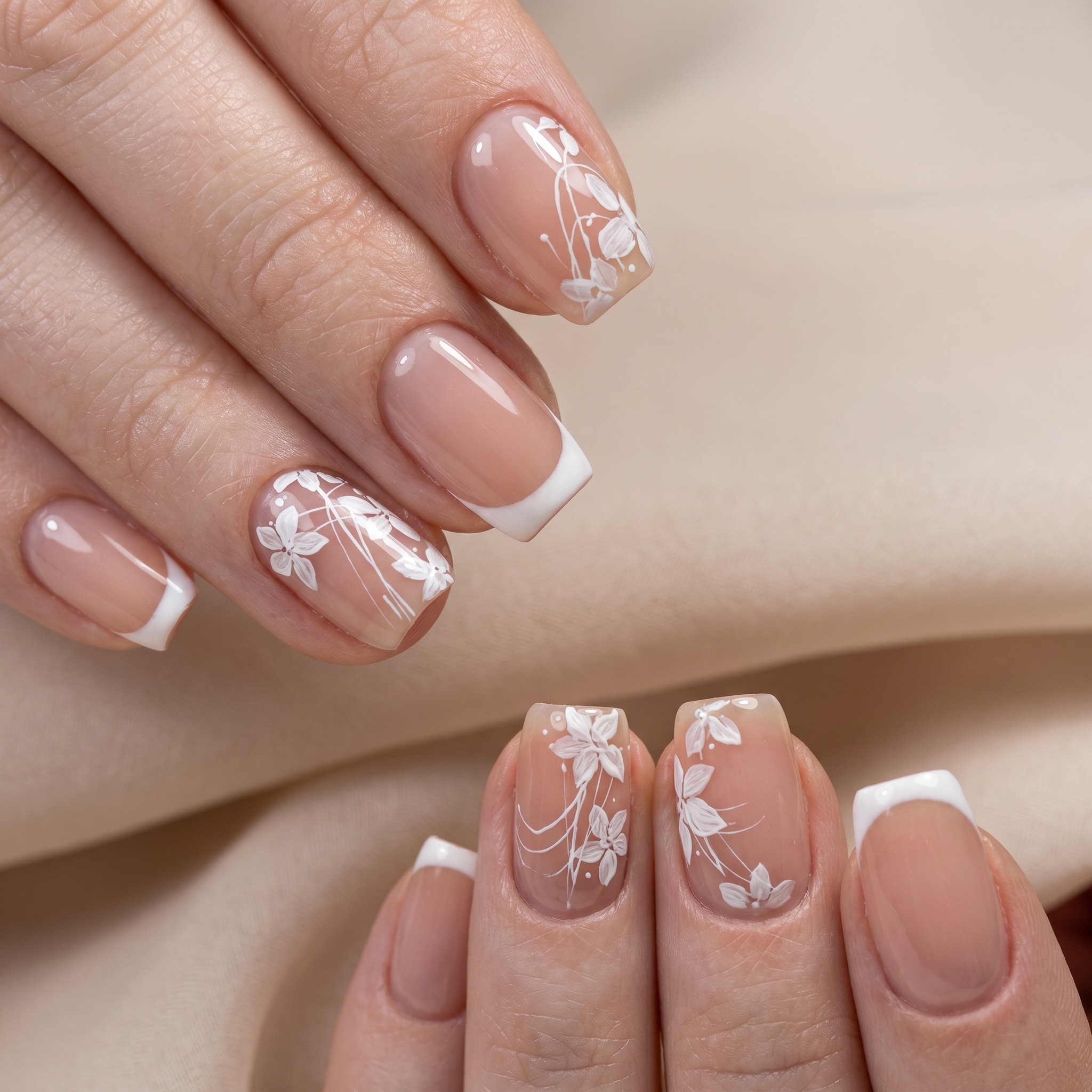 Square French tip nails with floral summer details and a soft nude glossy base