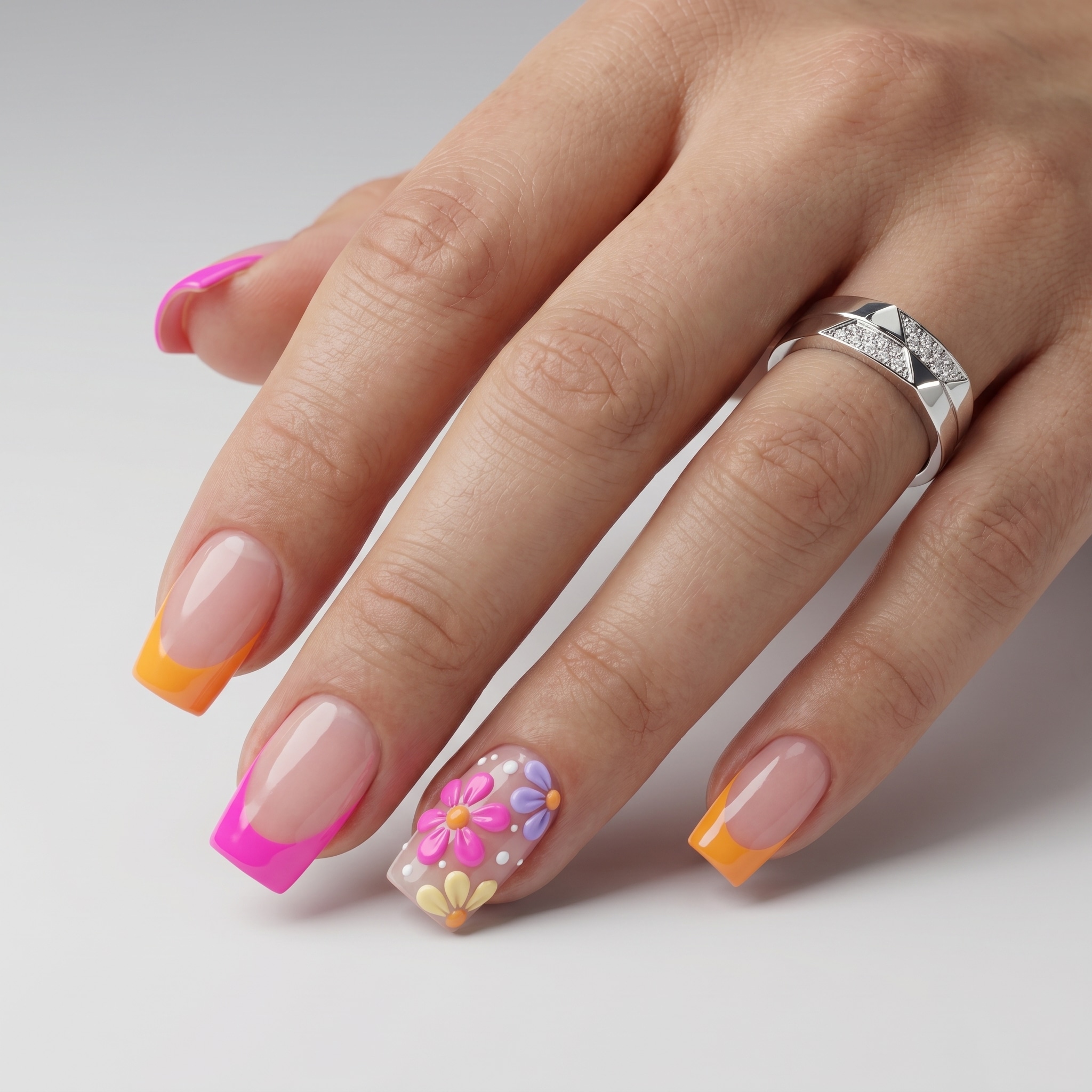 Short coffin nails with bright pink orange and yellow French tips for summer