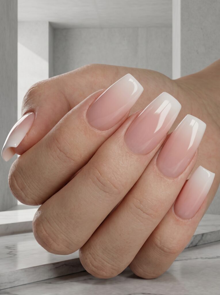 Summer Short Coffin French Tip Nails with a sheer nude base and thin glossy white tips