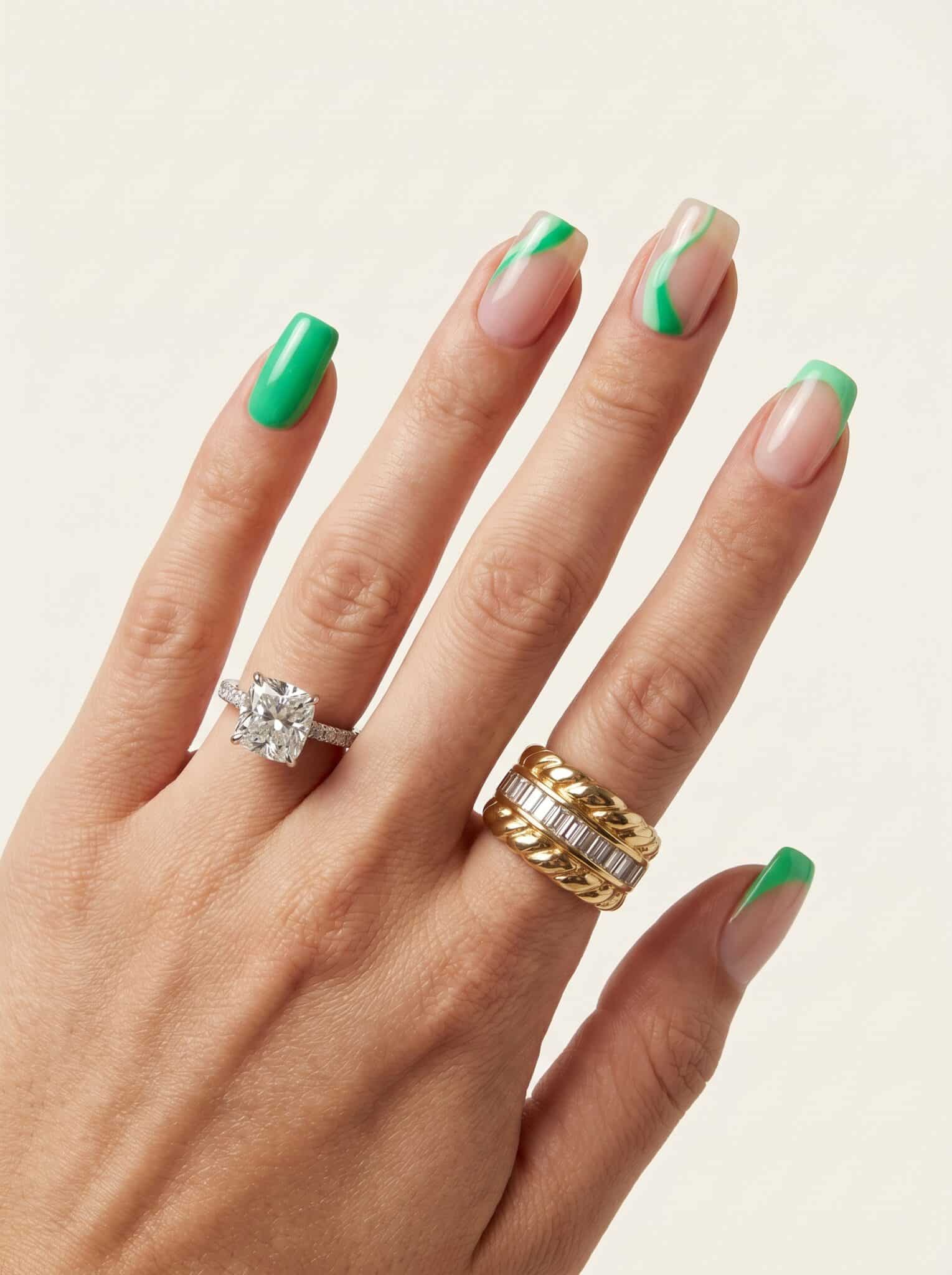 Summer Short Coffin French Tip Nails with green French tips on a sheer pink base