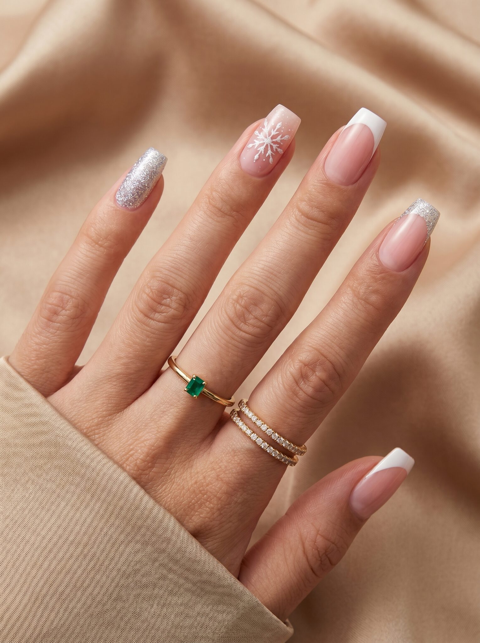 Short coffin nails with soft pink French tips and a glossy nude base
