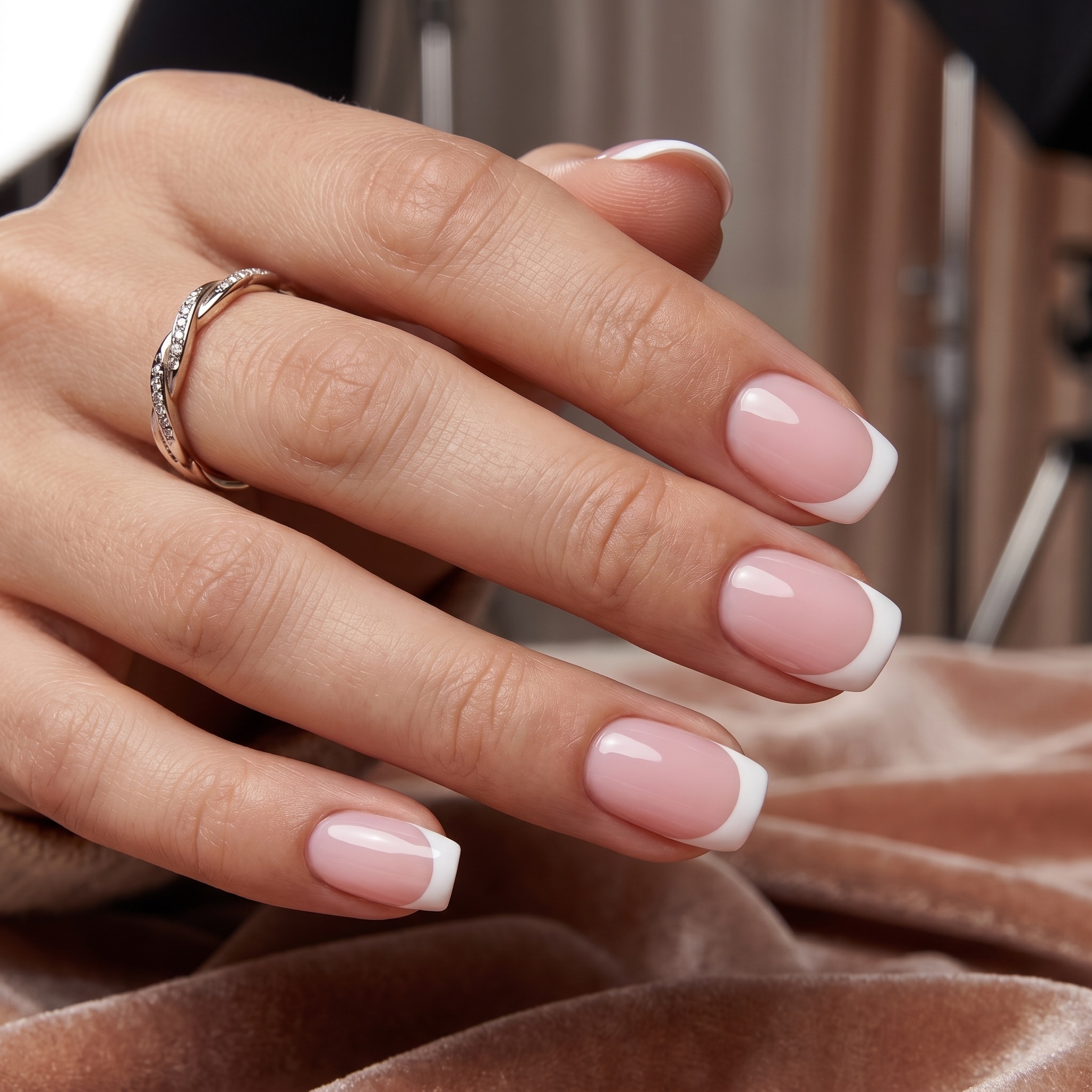 Short coffin nails with classic white French tips and a nude pink base