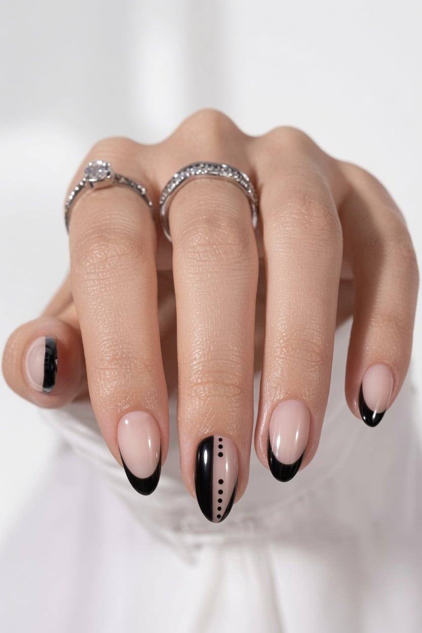 Long almond press-on nails with a thin black curve.