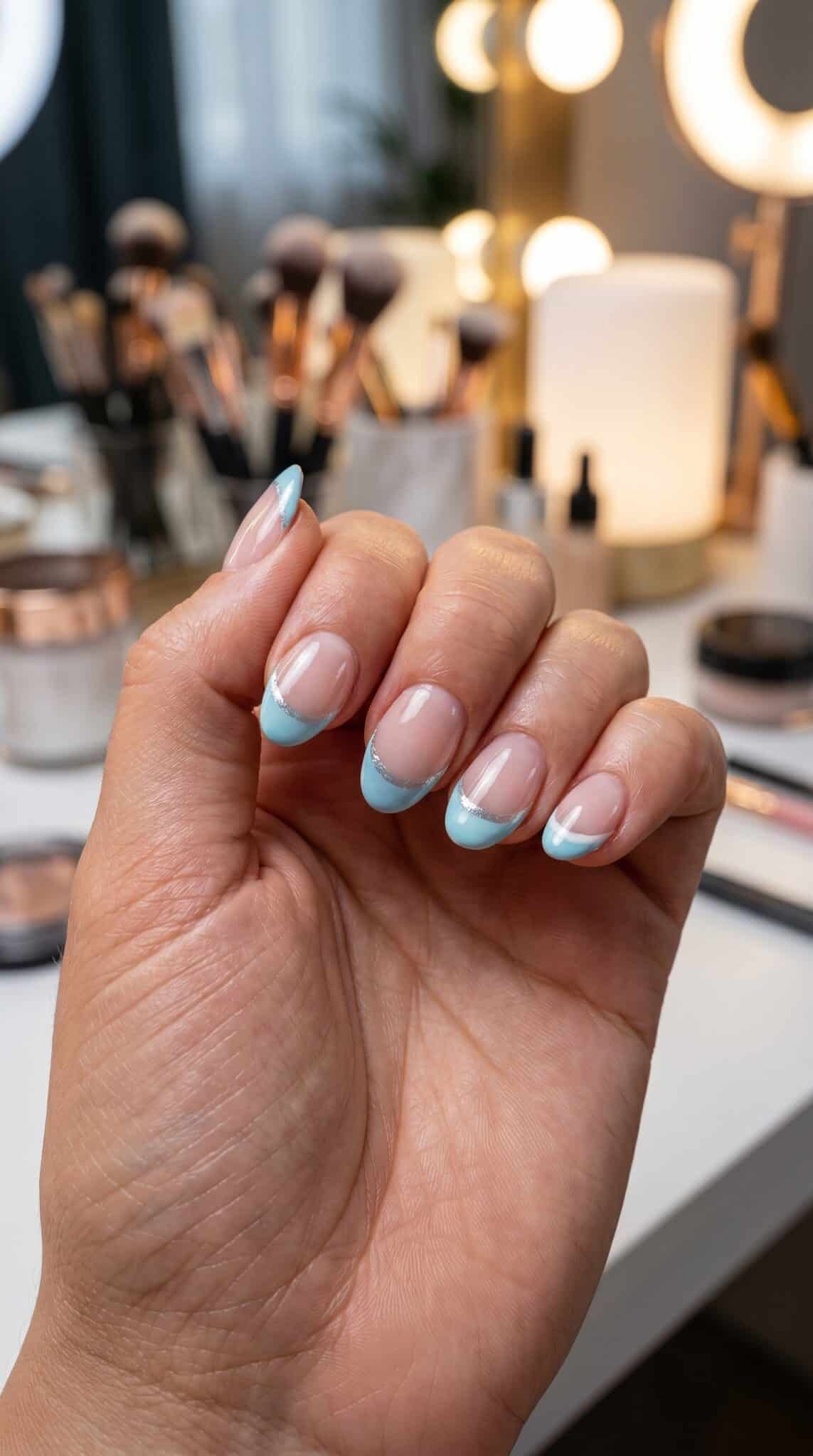 Colorful summer French tips with pink, blue, green, and small fruit-inspired accent details