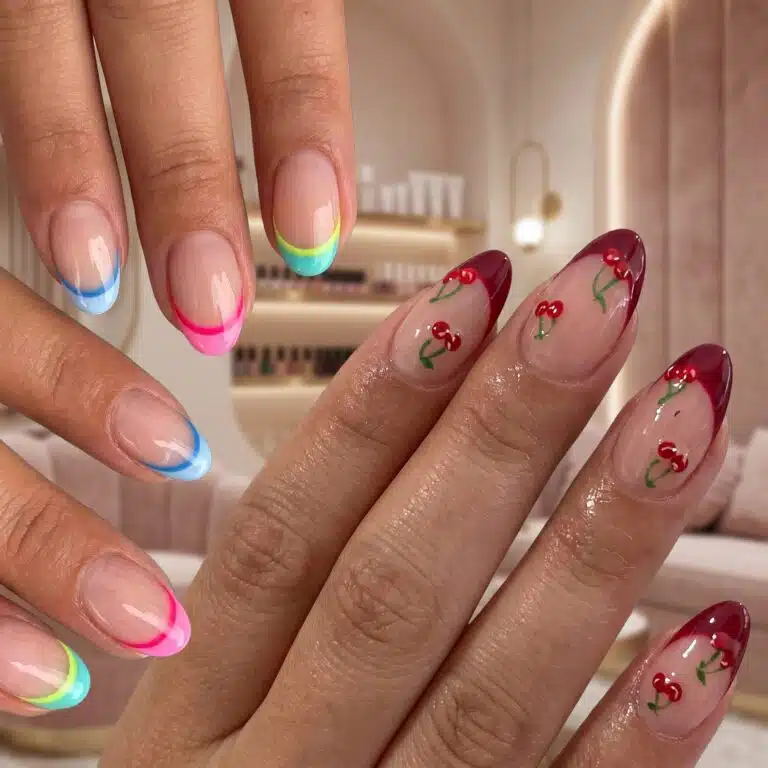 12 Summer French Nails 6 Trendy French Tip Nail Designs for Summer with pastel blue and green French tips on glossy almond nails