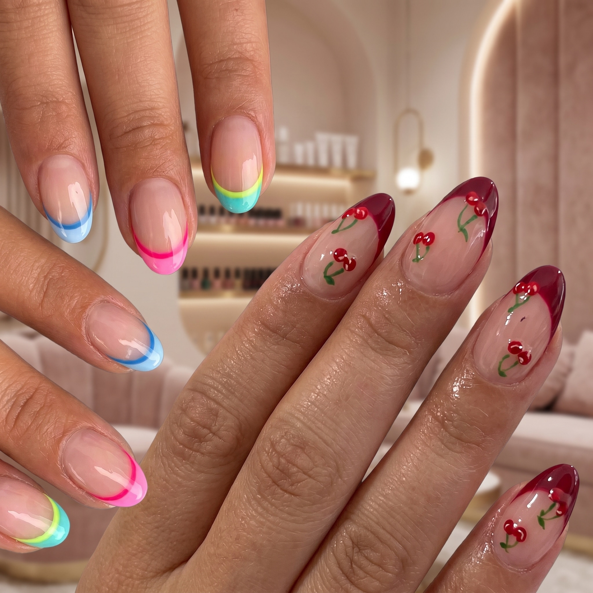 Trendy French Tip Nail Designs for Summer with pastel blue and green French tips on glossy almond nails