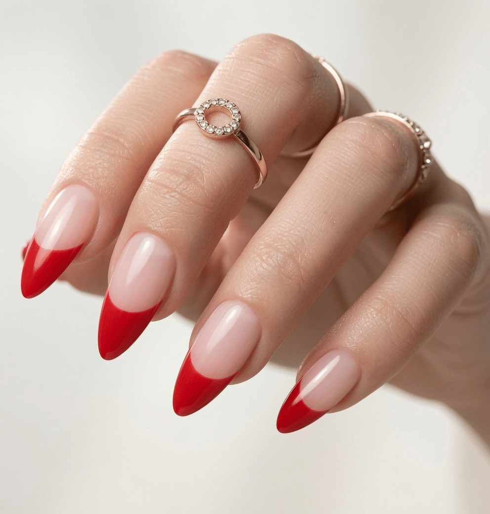 Classic red French tip almond nails paired with multiple gold rings.