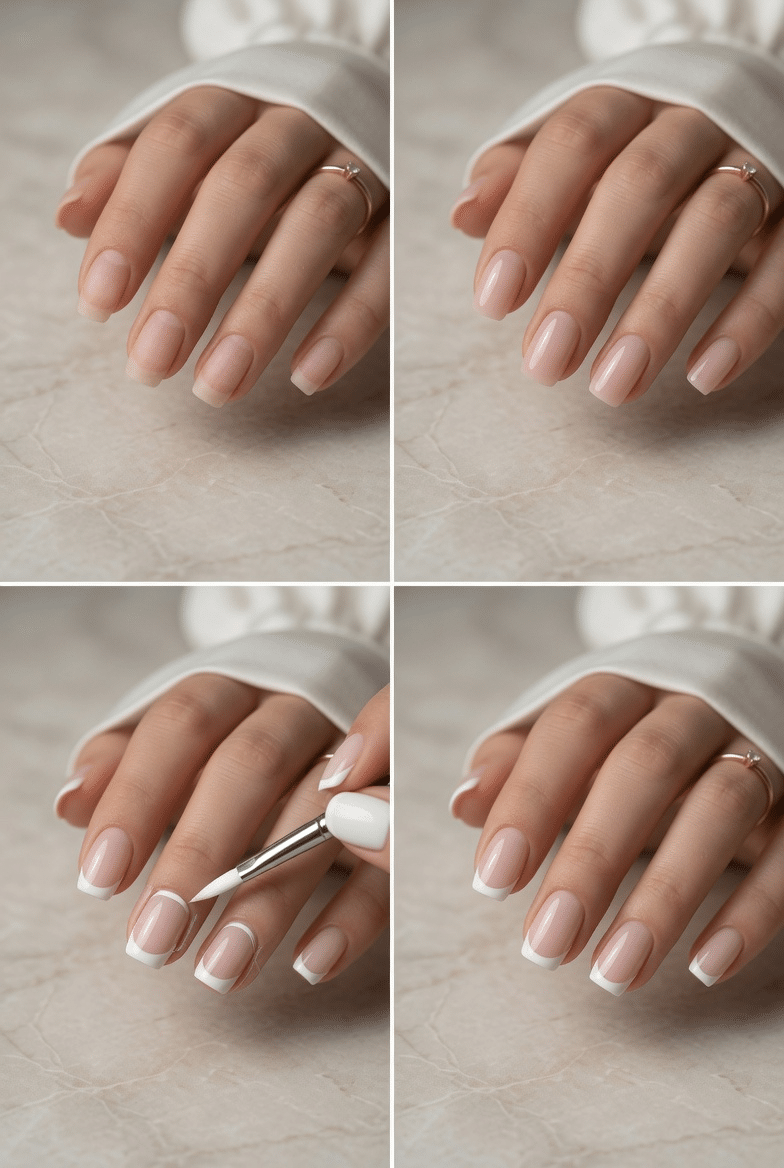 Step by step white French manicure tutorial with nude base, white tips, cleanup, and glossy final result