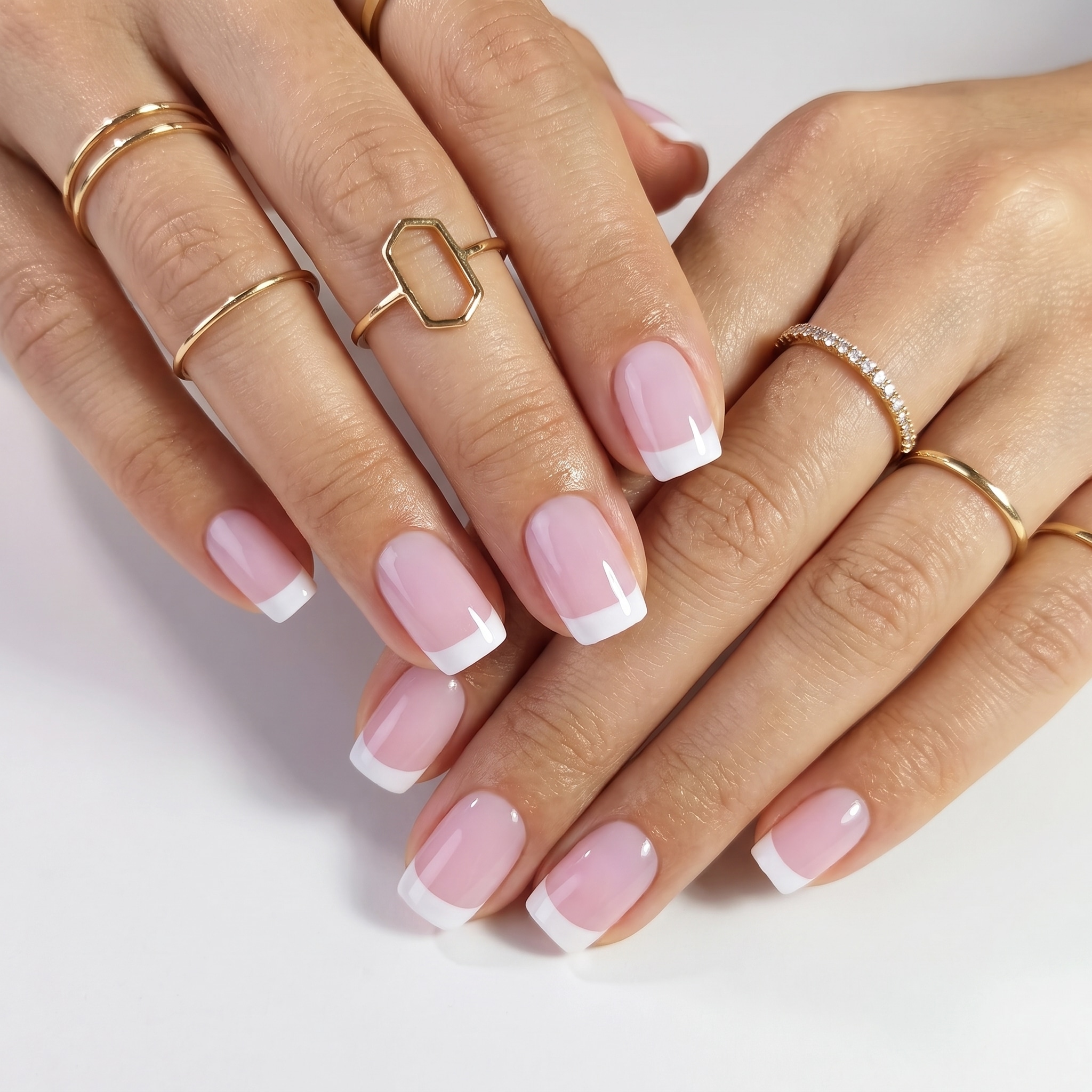white french tip press on nails 01 classic square