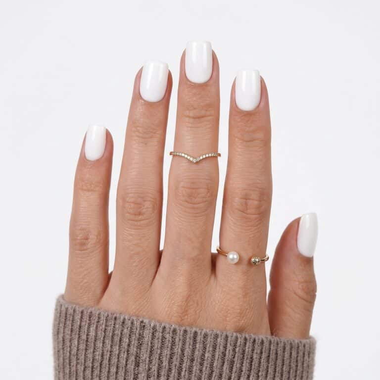 White press on nails with glossy square tips, nude base, and soft beige sleeve styling.