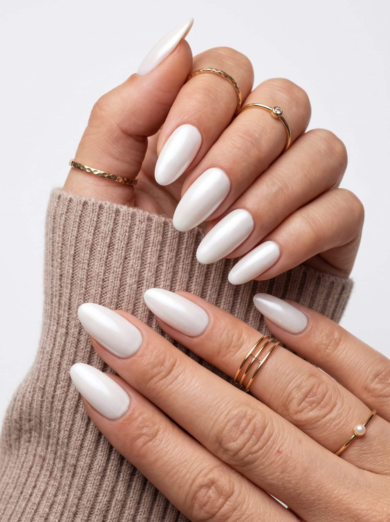 White stiletto press-ons with French-style tips and a soft black sleeve detail.