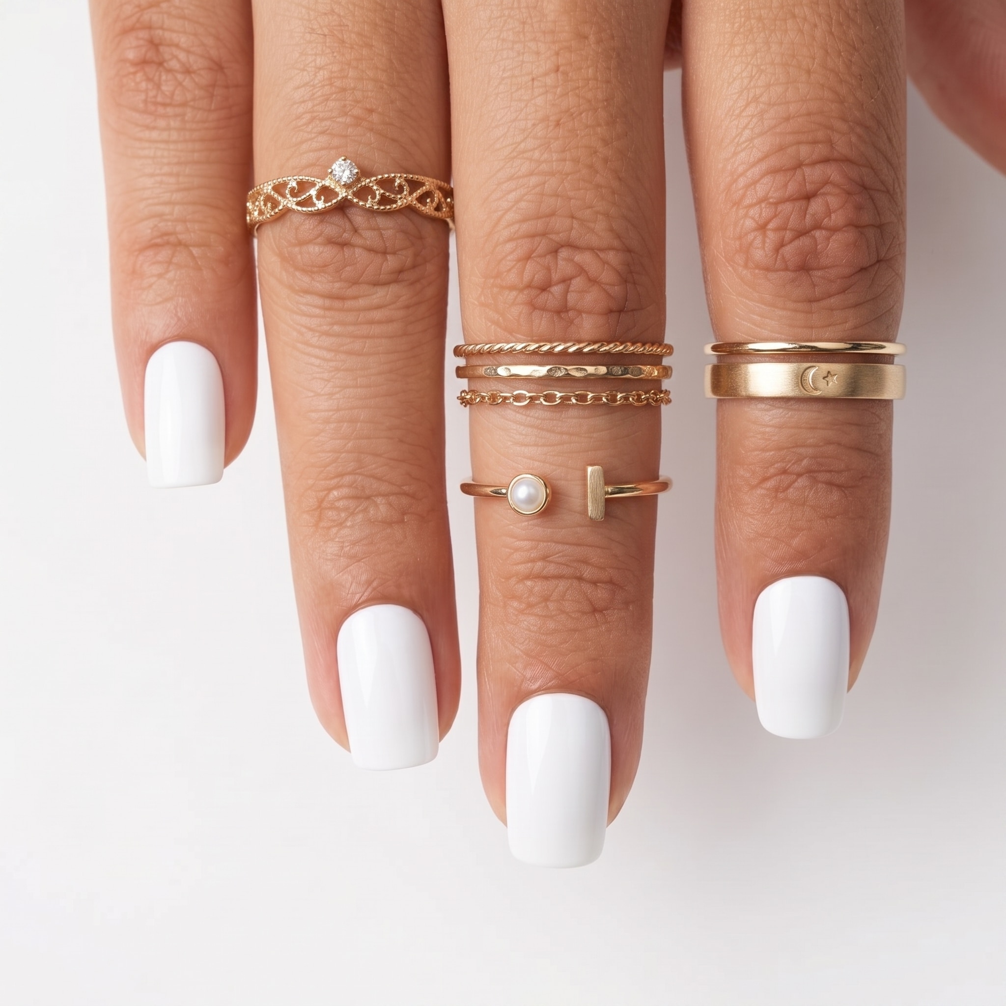 Square white press-ons styled with a lace sleeve and glossy opaque finish.