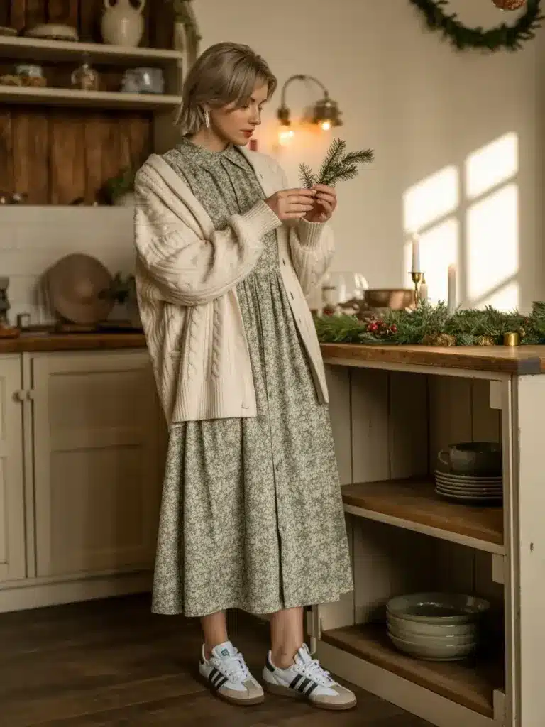 Christmas Party Outfits With Adidas Samba: 15 Looks 11 Floral Dress With a Cozy Cardigan outfit
