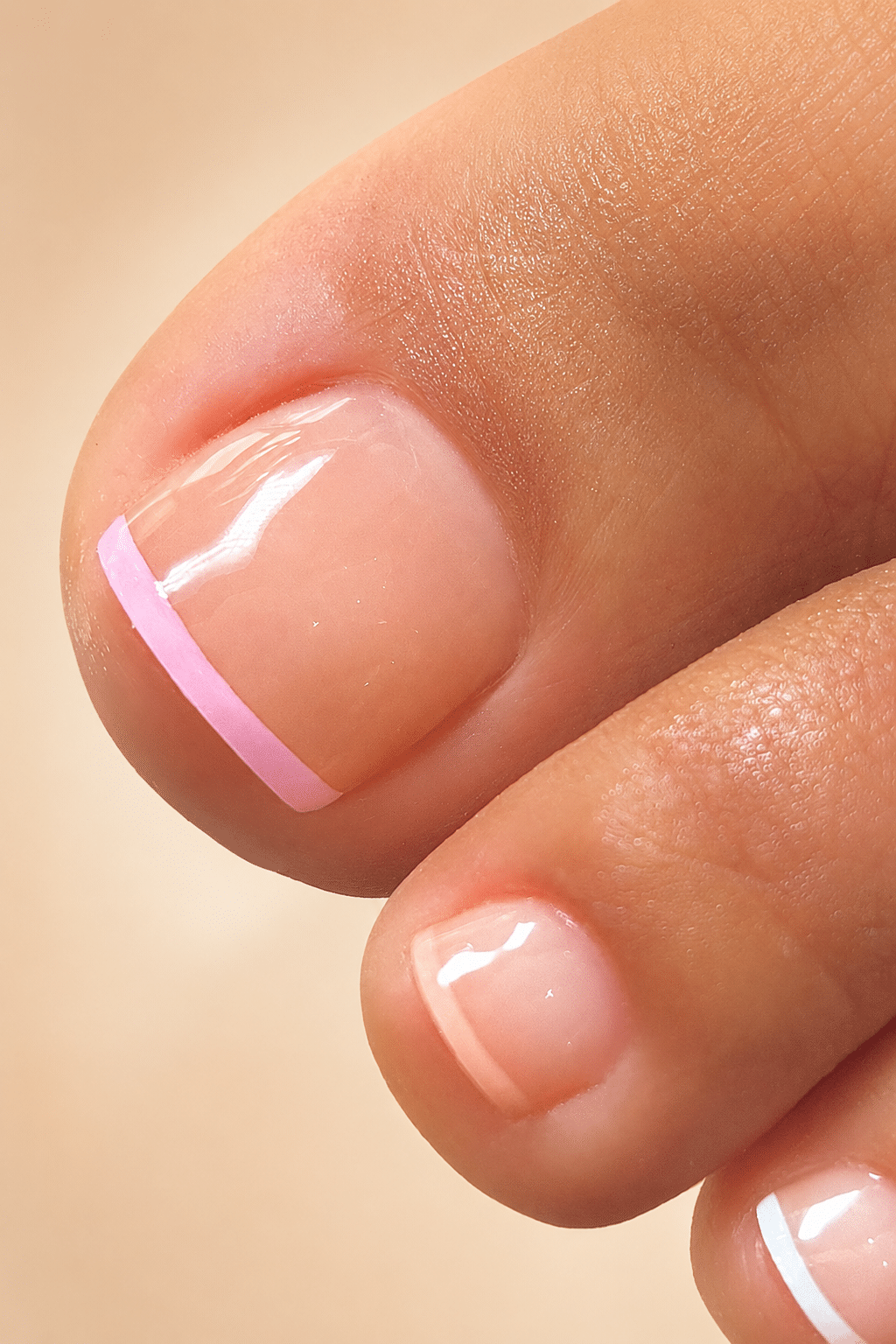 Close up of baby pink French tip toes with a diagonal pink tip design