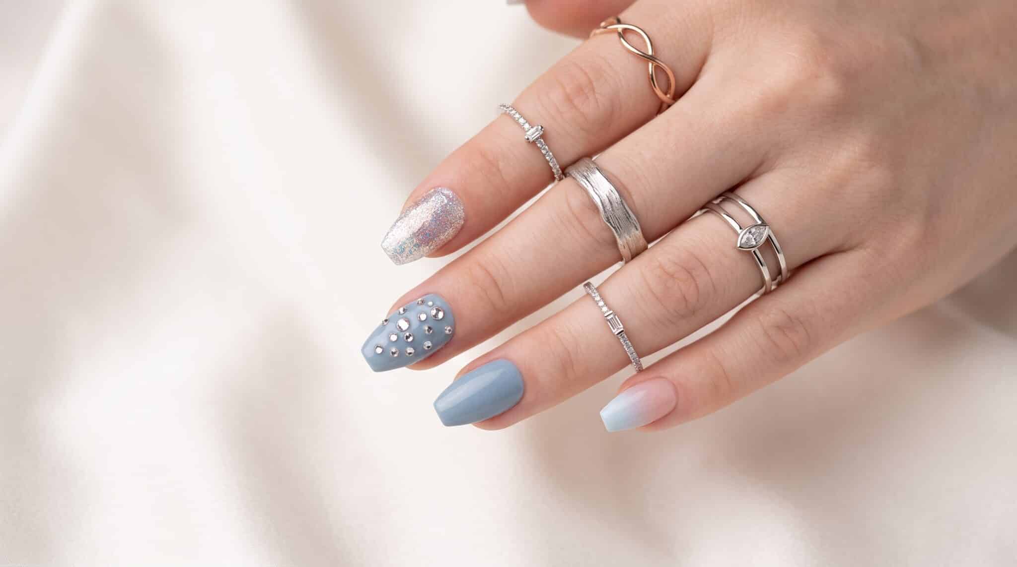 Blue gray press-on nails with a glossy long-lasting manicure finish