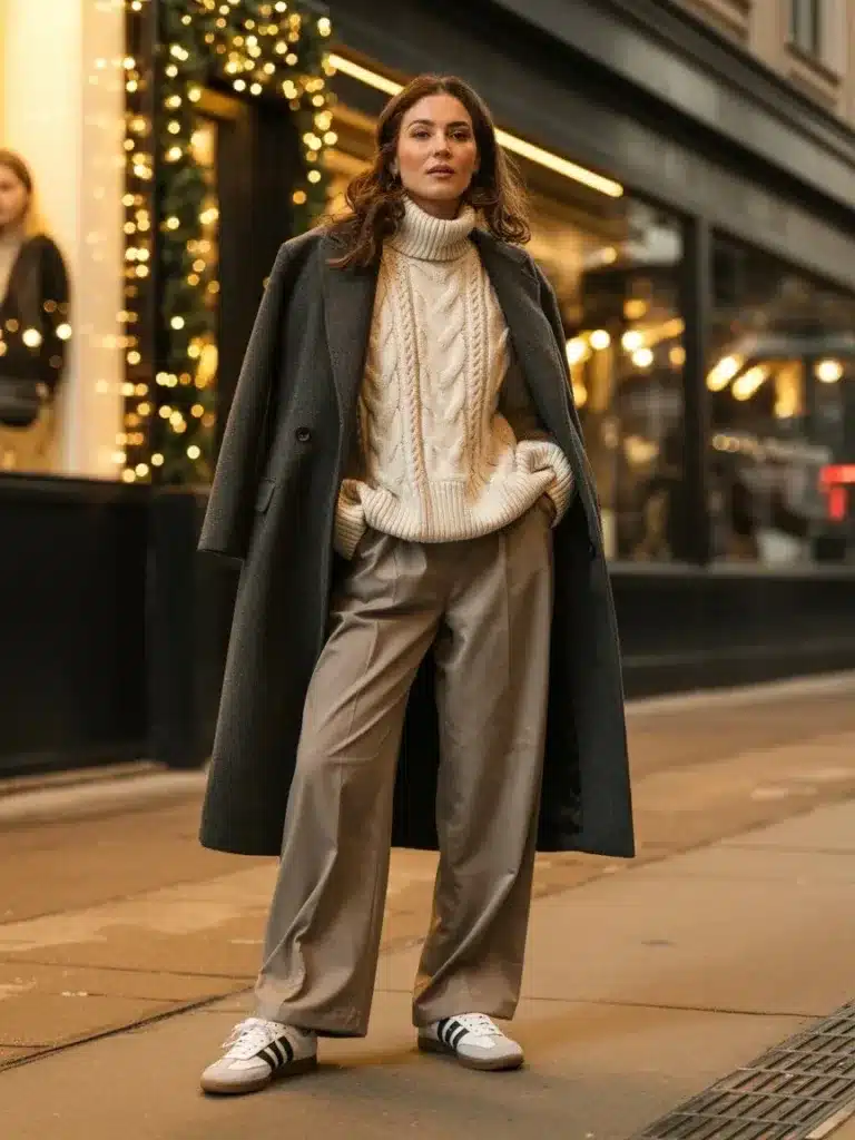 Christmas Party Outfits With Adidas Samba: 15 Looks 8 Long Coat With Neutral Winter Layers outfit