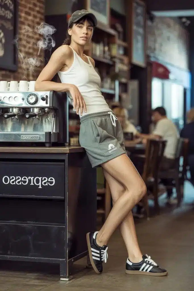 Samba Shorts Outfits for Women: 10 Easy Ideas 6 Gray Sweat Shorts and a Simple Tank outfit