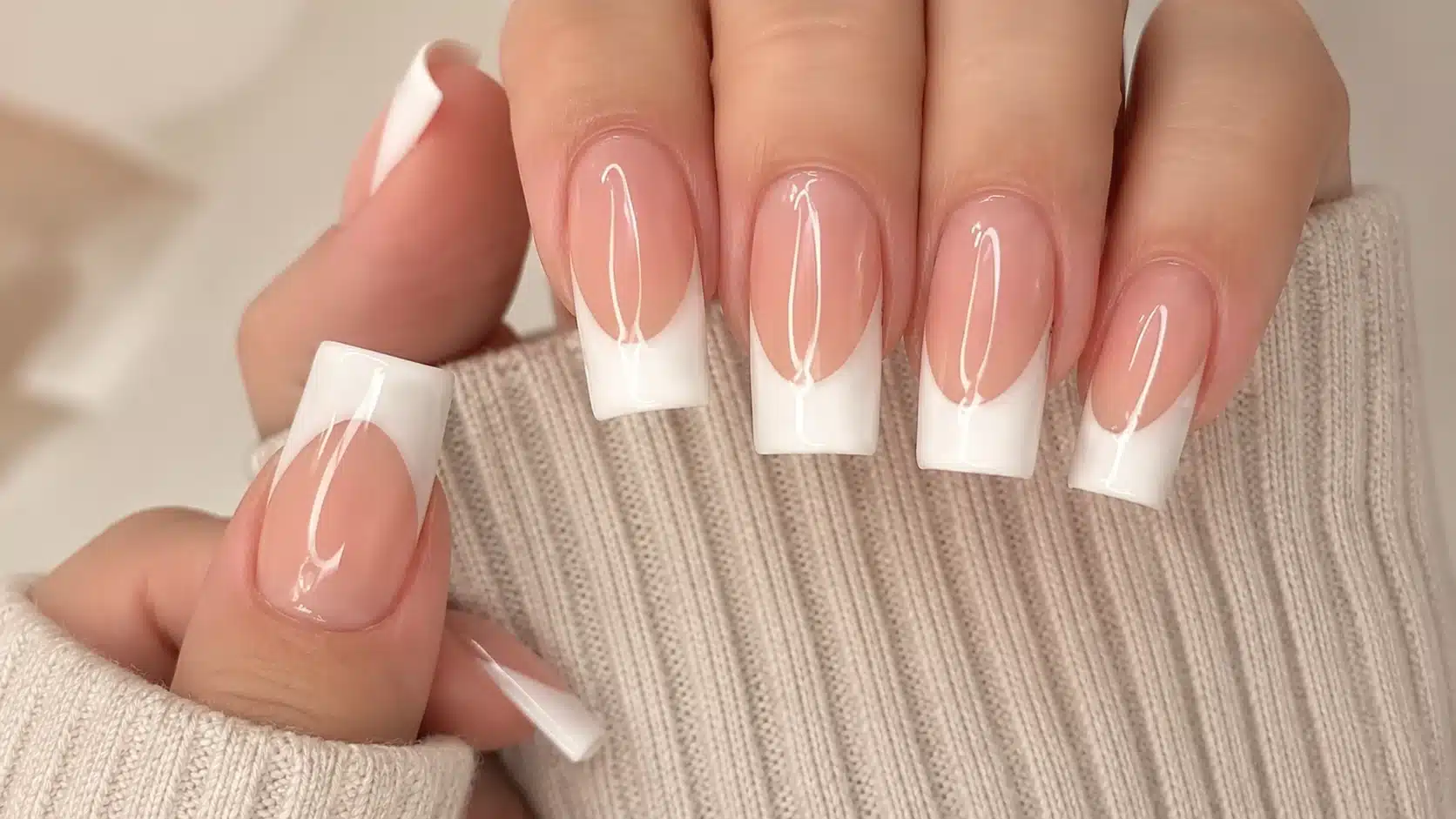French Tip Nail Tips: Types, Sizing & Application Guide 2 Classic square French tip nail tips on a natural pink base