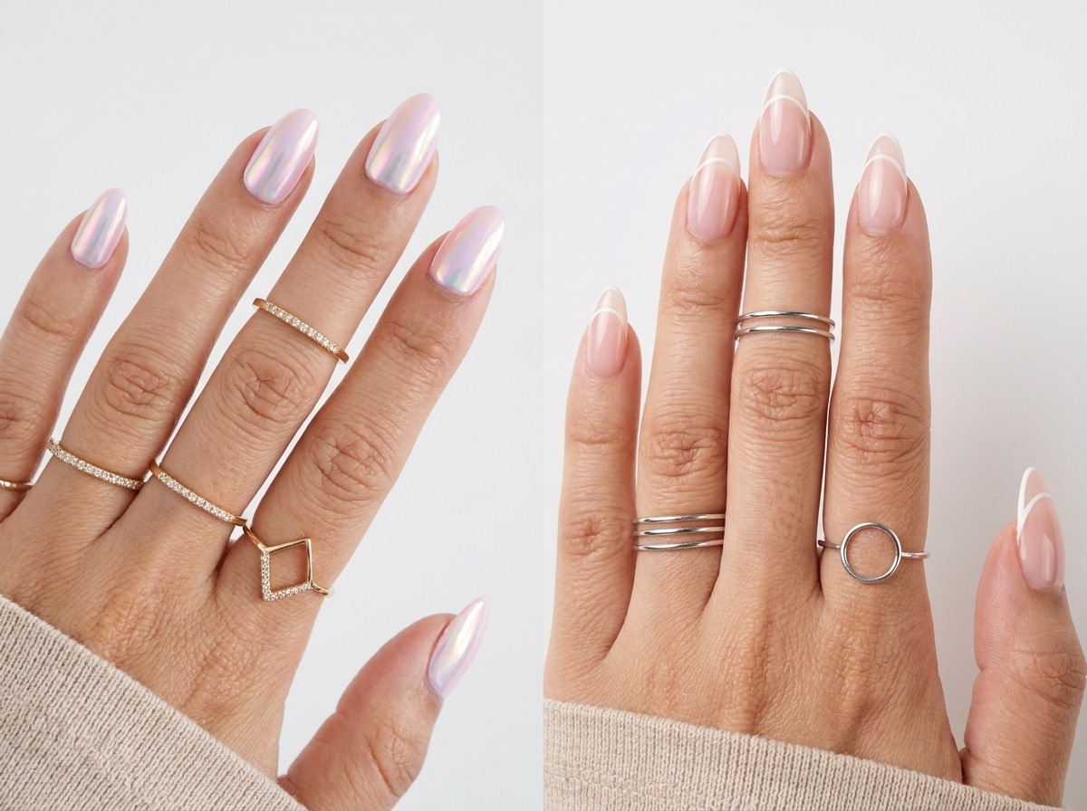 Clean nude almond reusable nails with a glossy natural finish