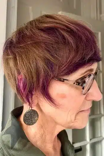 Brunette Pixie With Purple Tips And Fringe hairstyle