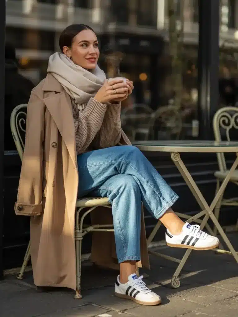 Christmas Party Outfits With Adidas Samba: 15 Looks 13 Beige Knit, Straight Jeans and a Scarf outfit