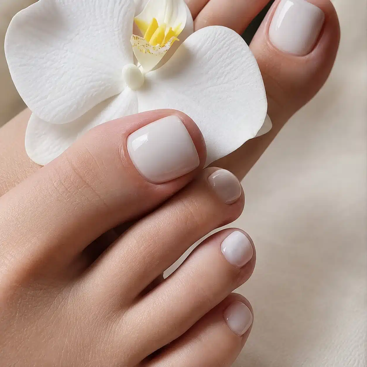 Milky White Pedicure: 11 Soft, Glossy Toe Ideas 4 Milky white pedicure with a floral accent