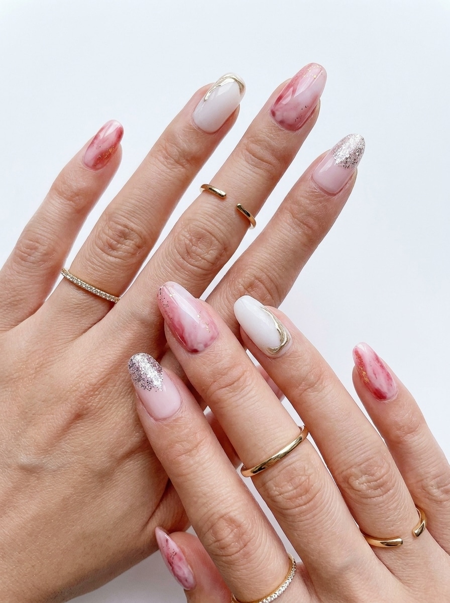 Glossy white almond reusable nails with a soft salon-style finish