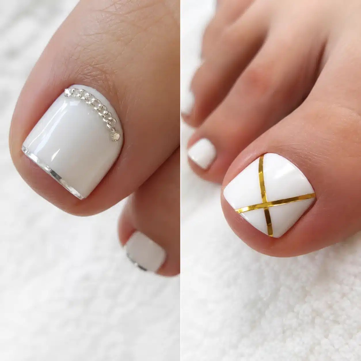 Milky White Pedicure: 11 Soft, Glossy Toe Ideas 7 Milky white pedicure with a gold accent