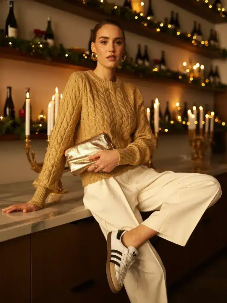 Christmas Party Outfits With Adidas Samba: 15 Looks 15 Golden Knit With White Trousers outfit