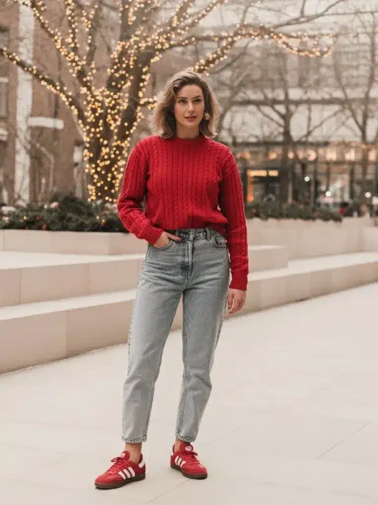 Christmas Party Outfits With Adidas Samba: 15 Looks 7 Red Sweater, Light Denim and Red Sambas outfit