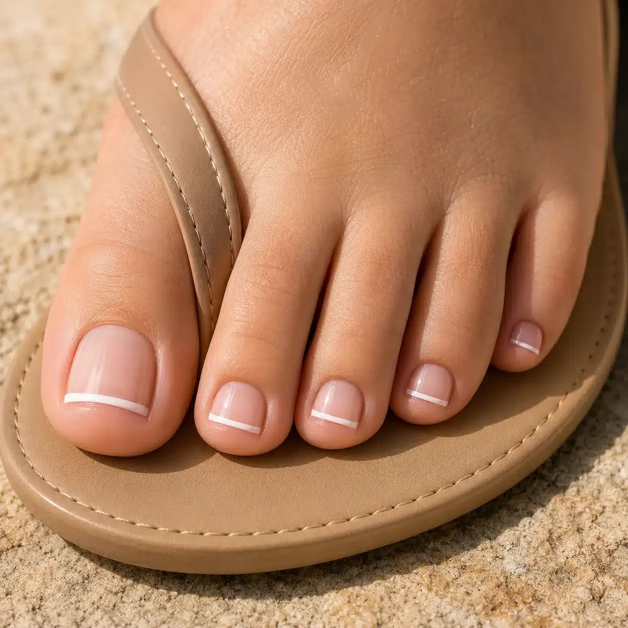 Light Pink French Tip Toes: Soft, Clean Pedicure Ideas 5 Neutral sandal look with light pink French tip toes