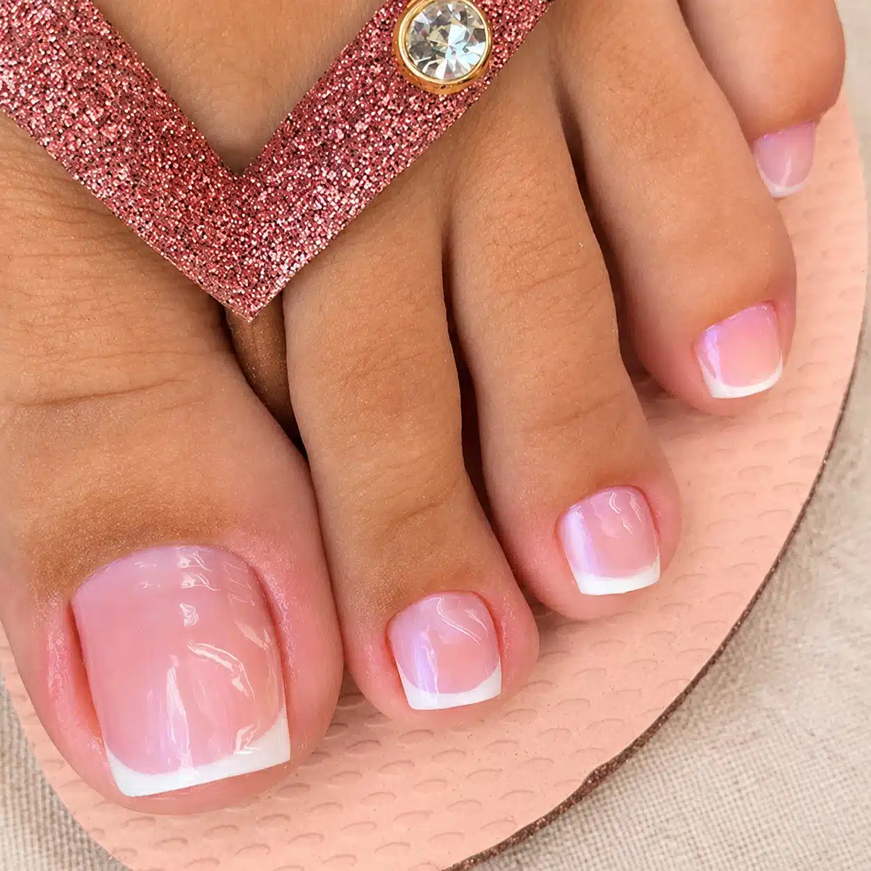 Light Pink French Tip Toes: Soft, Clean Pedicure Ideas 13 Pink sandal styling with light pink French tip toes
