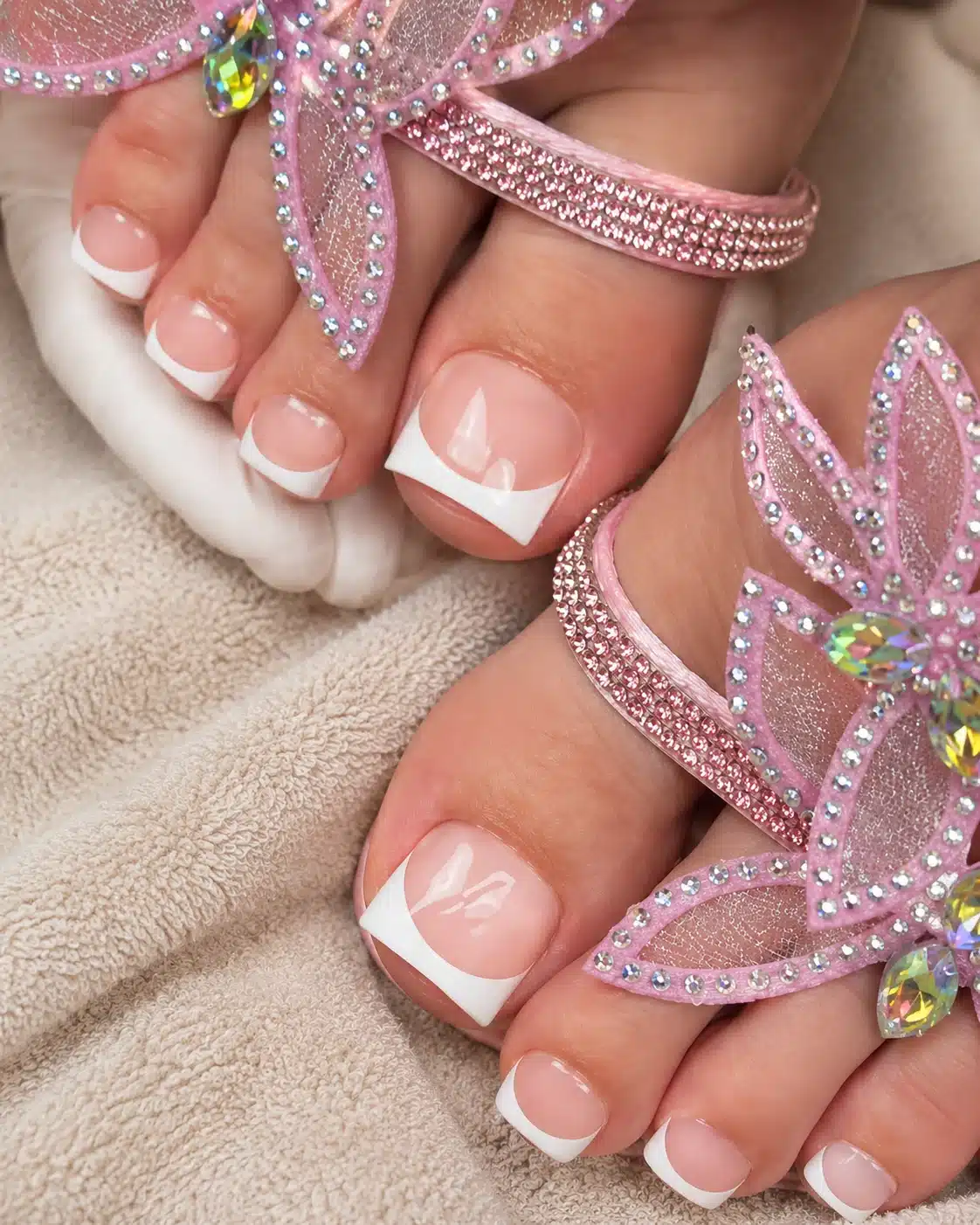 Light Pink French Tip Toes: Soft, Clean Pedicure Ideas 4 Light pink French tip toes styled with sandals